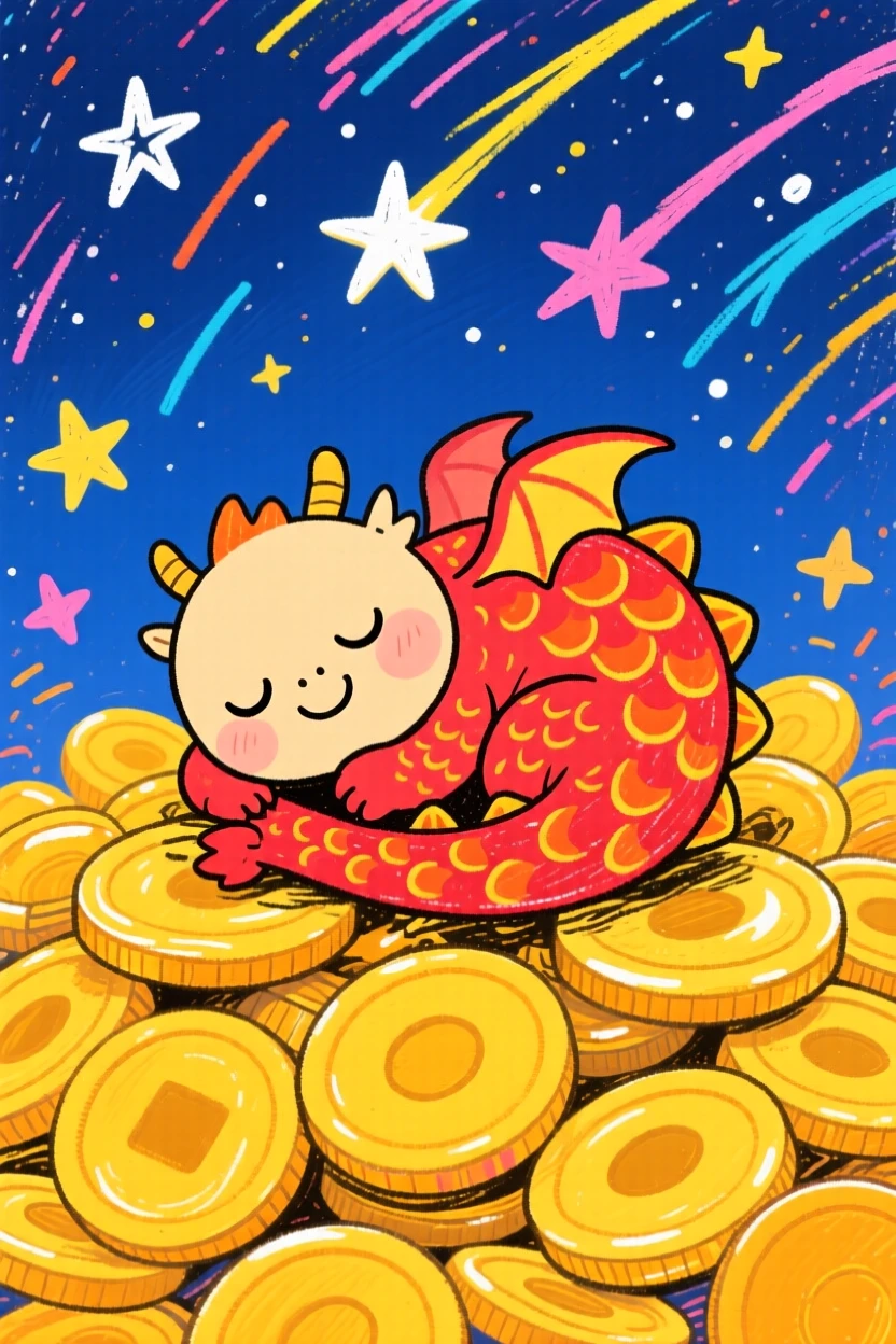 A tiny dragon curled up asleep on a pile of gold coins beneath a sky full of shooting stars.