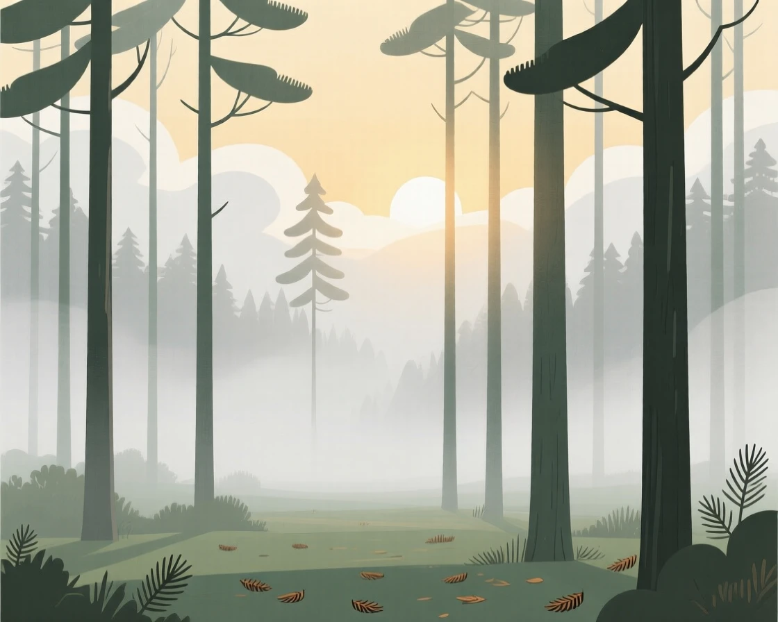 A misty pine forest at sunrise with soft light filtering through the low clouds.