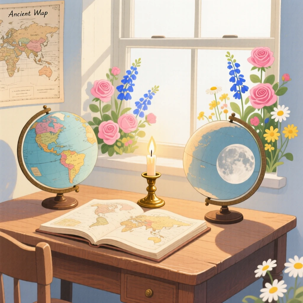 A candlelit study filled with old maps and globes, framed by blooming flowers and soft afternoon light.