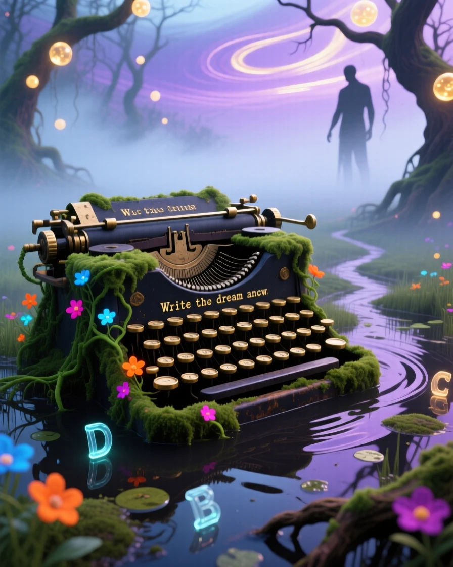 A colossal typewriter half-sunk into a foggy marsh has become overgrown with moss, vines, and wildflowers, while tiny paths have been worn into the ground around it.