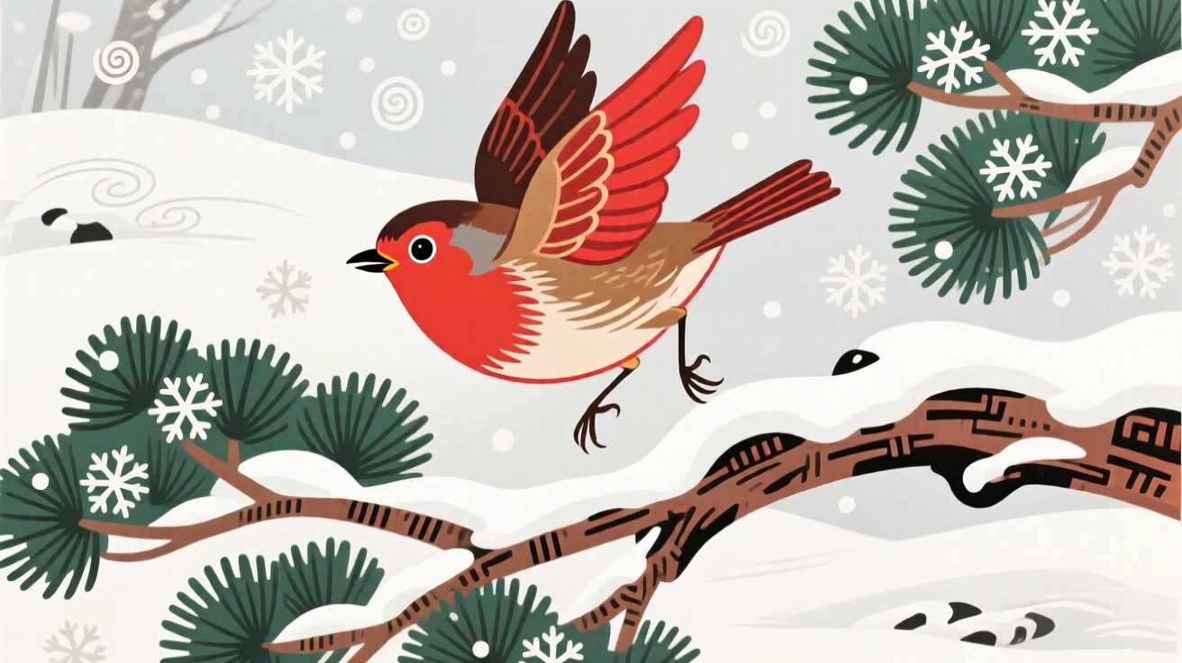A robin taking flight alone on a snow-covered pine branch.