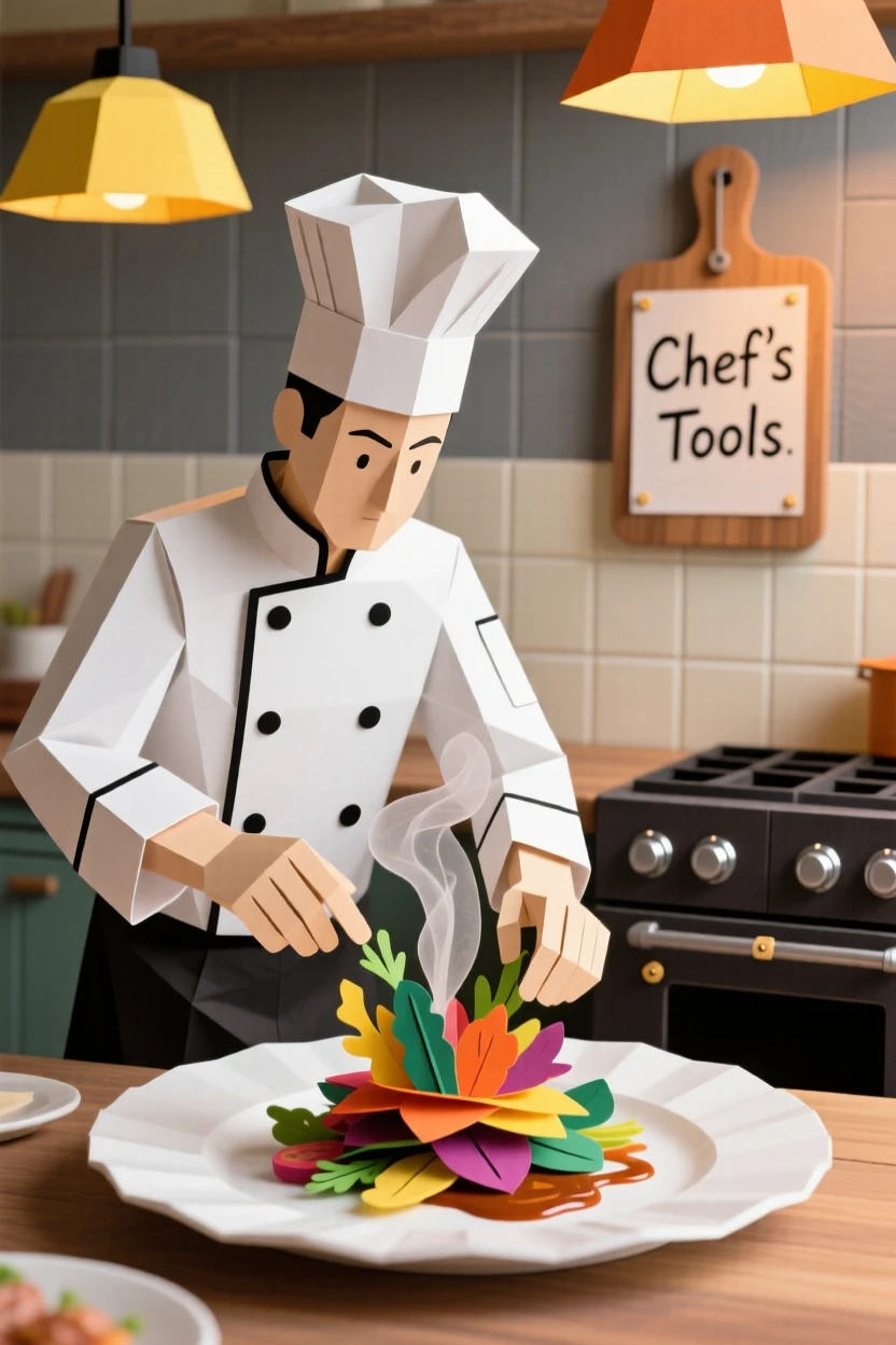 A chef carefully plating a beautifully arranged dish in a warmly lit restaurant kitchen, steam rising gently, capturing focus and culinary artistry.