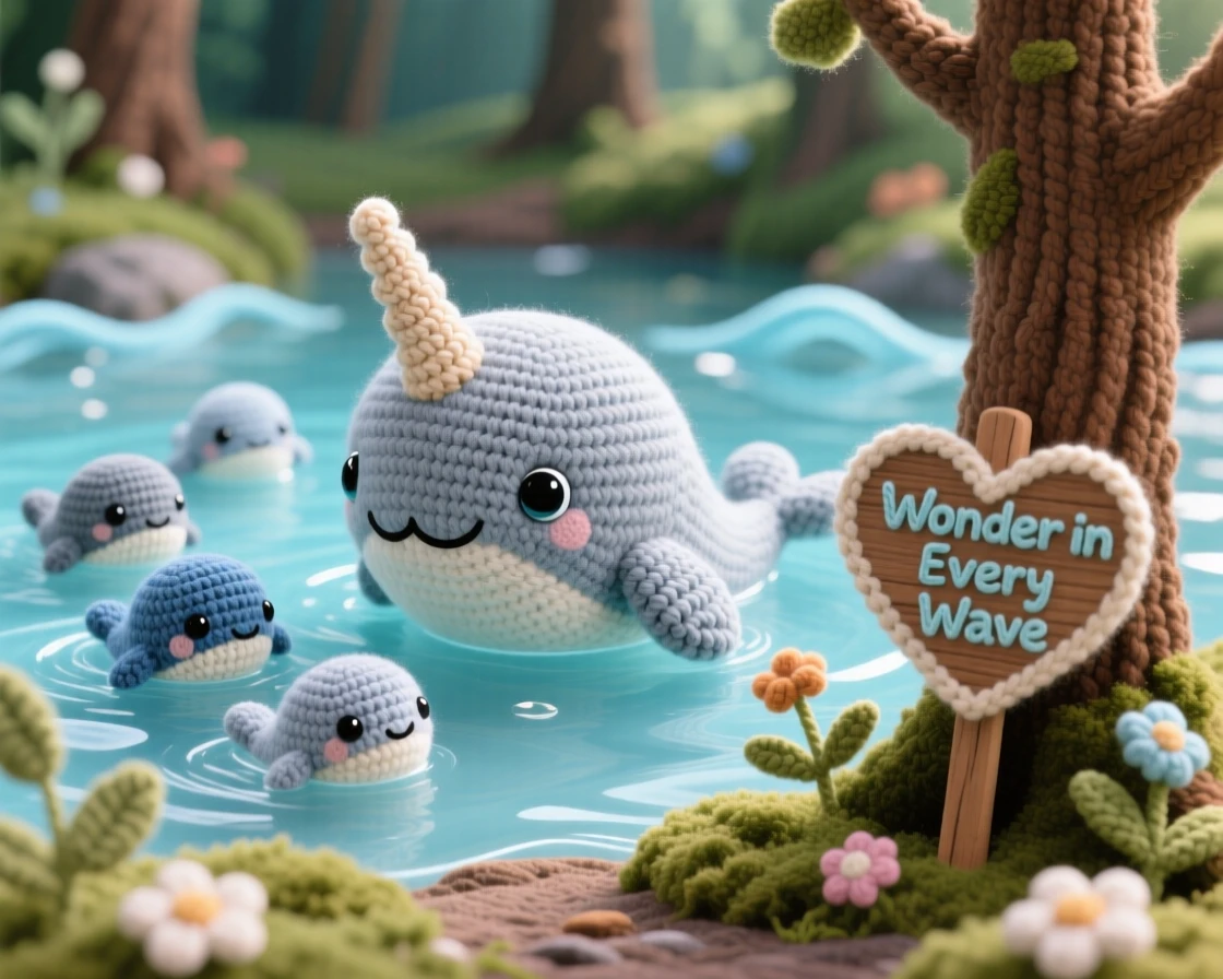a baby narwhal, with a small emerging tusk and grey-blue skin, swimming alongside its pod under clear water, set in a cozy woodland clearing dappled with soft light, with a little wooden sign shaped like a heart, evoking wide-eyed wonder at the world around it.