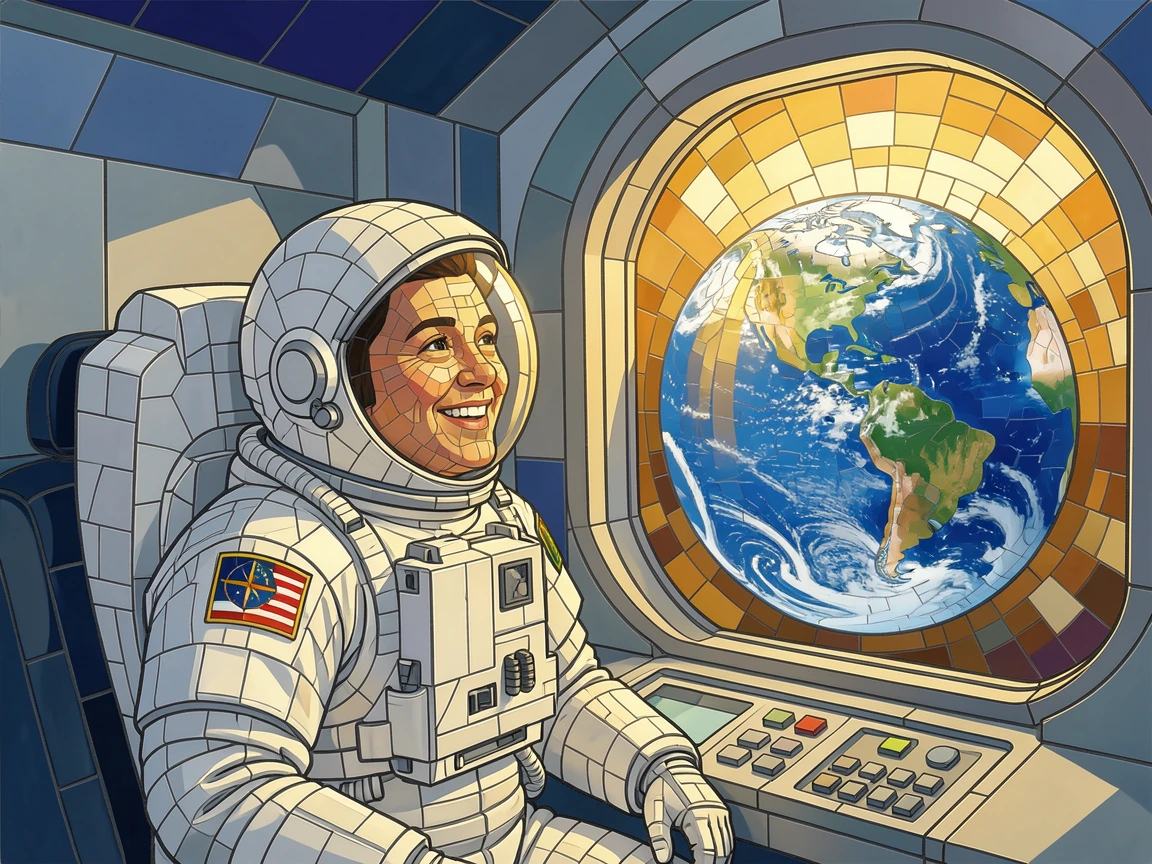A candid, joyful moment of an astronaut gazing at Earth through a spacecraft window, captured with warm golden light.