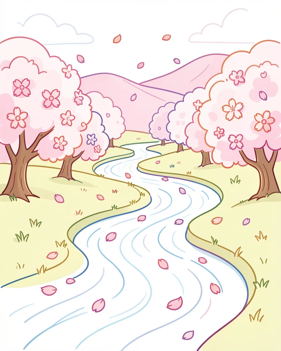 A cherry blossom valley in full bloom with petals drifting over a winding river.