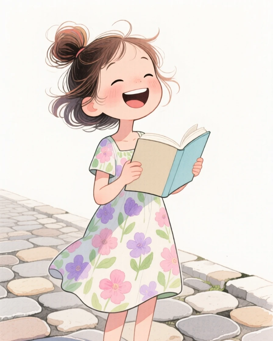 A teenage girl with a messy top-knot, laughing with her eyes closed, wearing a flowy floral sundress and holding an open book, on a quiet cobblestone street
