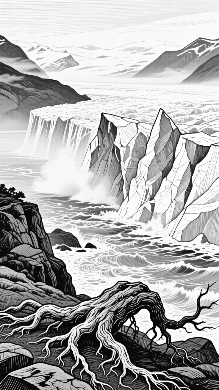 A glacier calving into the sea as fog rolls slowly across the valley, with gnarled roots gripping the rocky soil, evoking an awe-inspiring in its scale atmosphere in a wide, balanced composition.