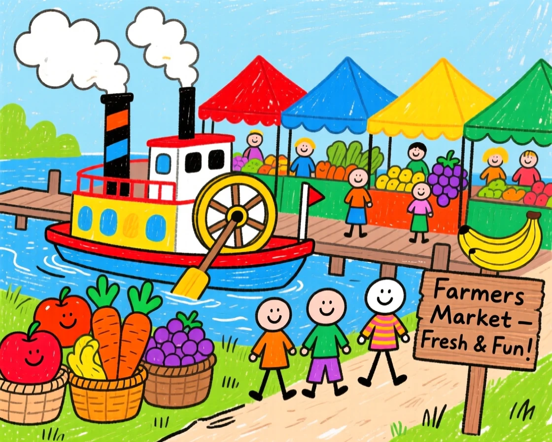 A paddle steamboat parked beside a colorful farmers market.