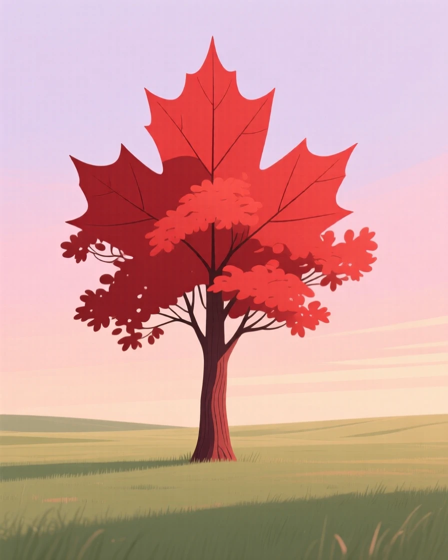 A towering red maple standing alone in an open field under a pastel sunset sky.