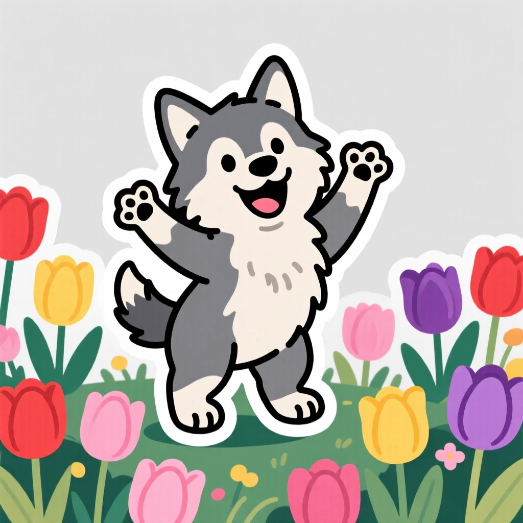 A giggling little wolf pup waving both paws happily, in a garden full of blooming tulips.