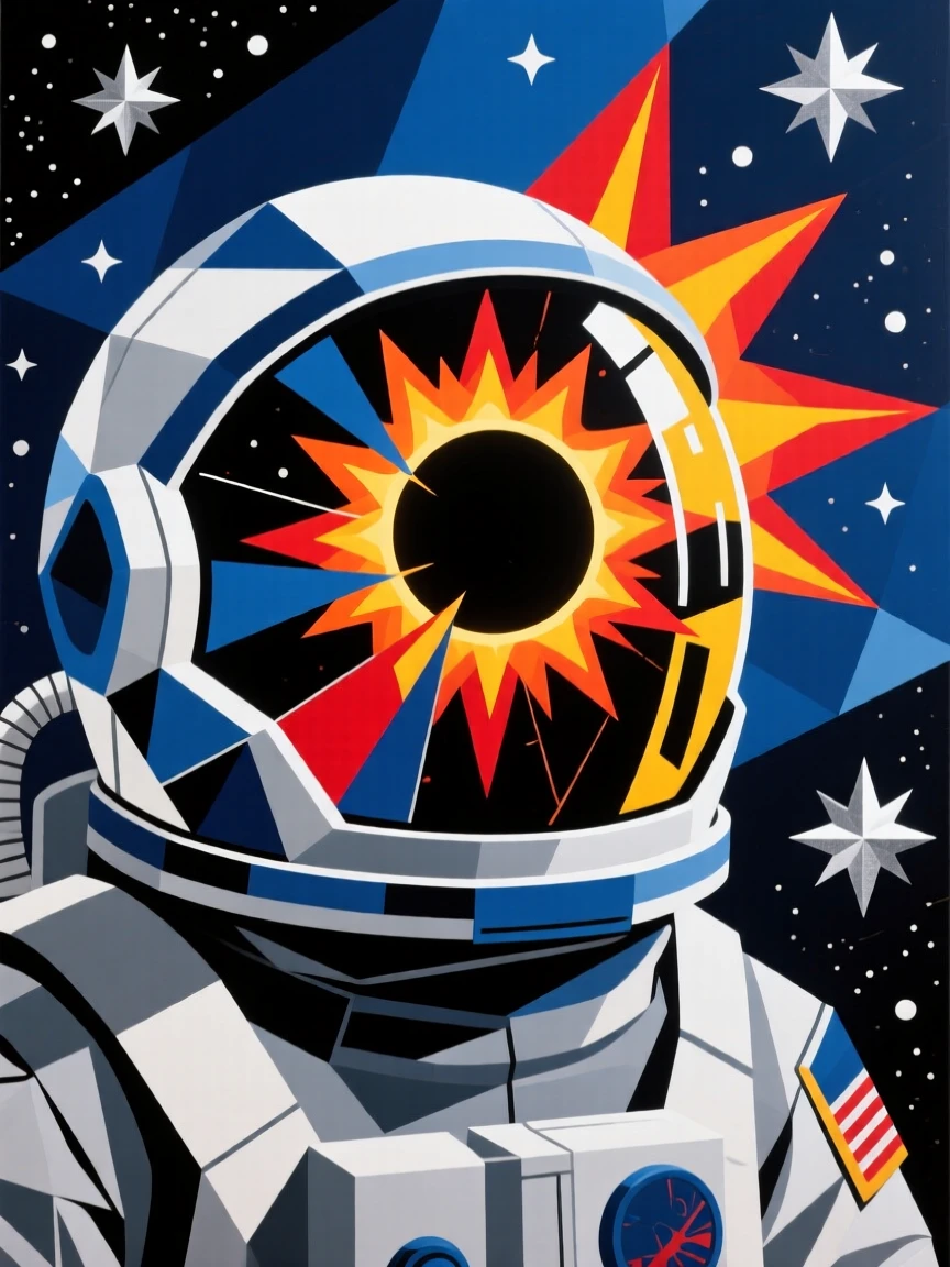 A stunning cosmic view of a solar eclipse casting a fiery halo reflected in the visor of an astronaut's helmet.