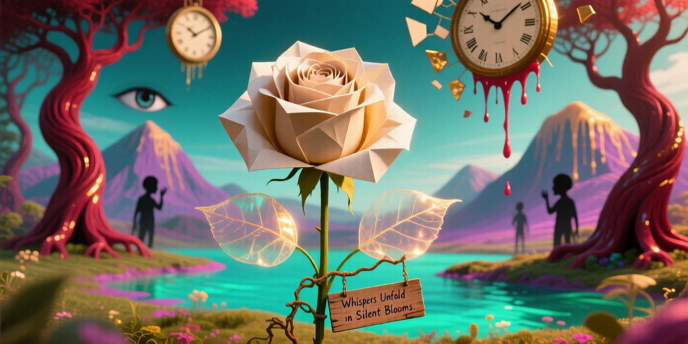 A single rose blooming petals made of soft folded paper sways gently though no wind can be felt, while soft light filters gently through its leaves.