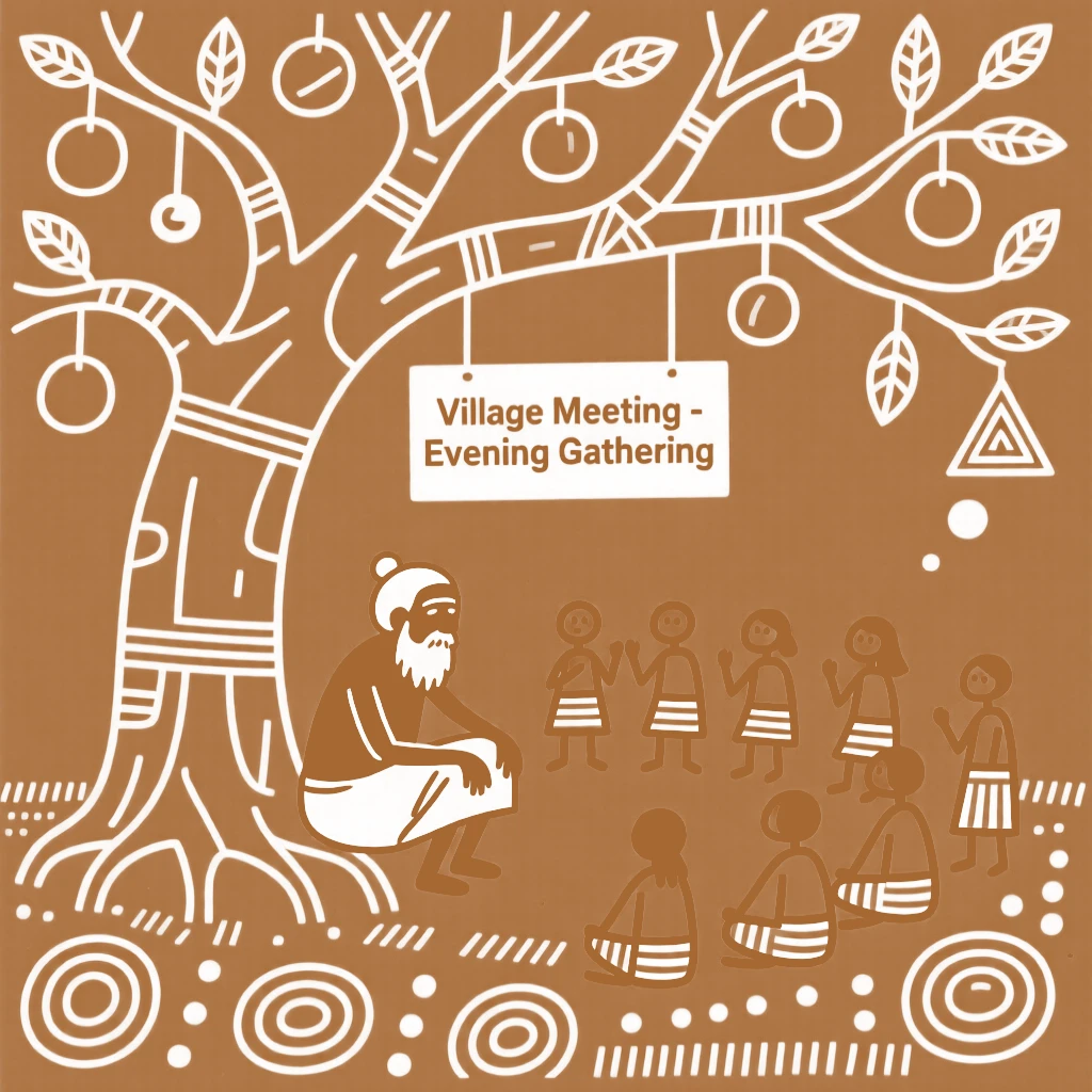 An elderly village headman gathering for an evening meeting beneath a large banyan tree.