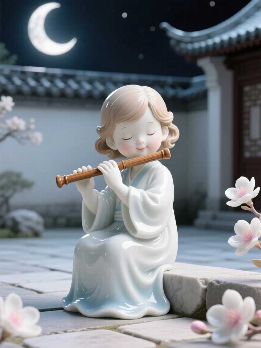 A young child playing a wooden flute, a faint, knowing smile on her lips, in a moonlit courtyard.