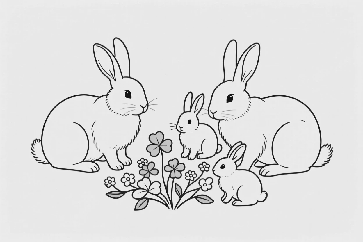 A rabbit family gathered around a patch of clover