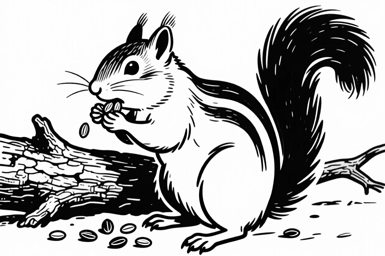 A chipmunk stuffing its cheeks with seeds beside a fallen log.