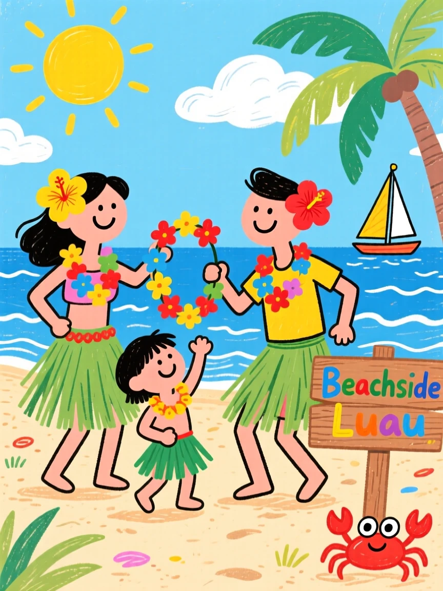 A Hawaiian family sharing leis and hula dancing at a beachside luau.