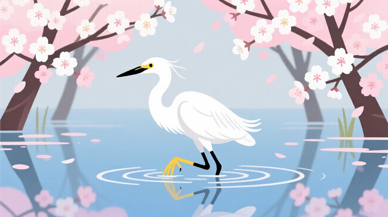 A snowy egret wading through calm wetland water, set beneath a canopy of cherry blossom trees, grouped together in a playful cluster composition, with a sense of playful curiosity captured perfectly.