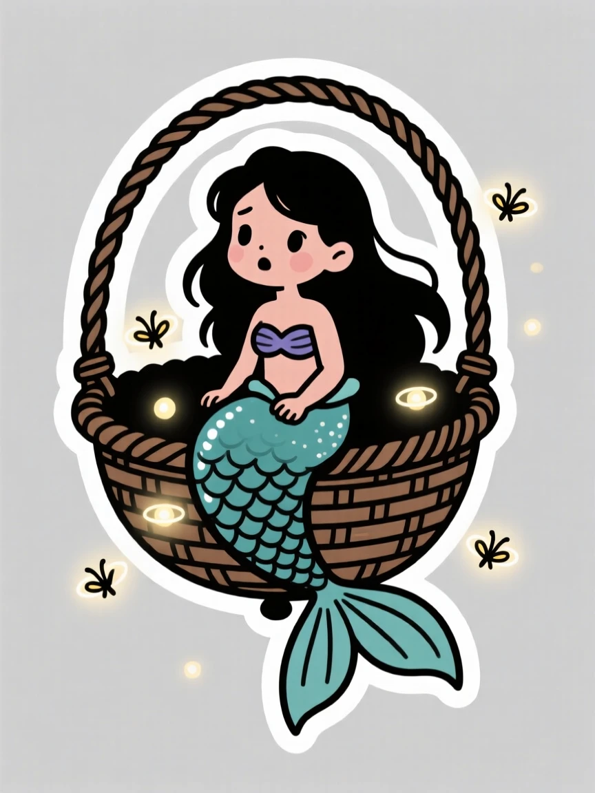 A wonder-struck tiny mermaid sitting inside a floating balloon basket, surrounded by softly glowing fireflies.