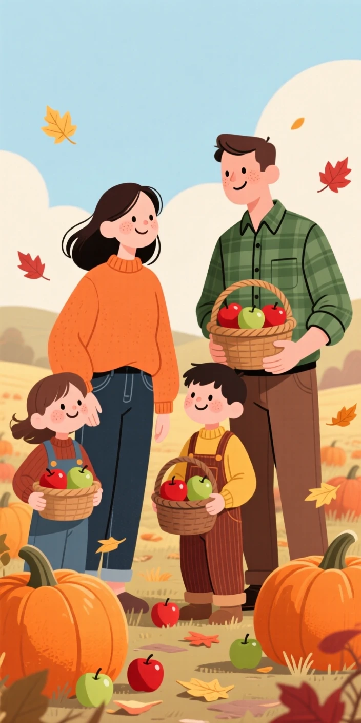 A family gathers apples in a pumpkin patch as the first falling leaves drift down around them under a crisp blue sky.