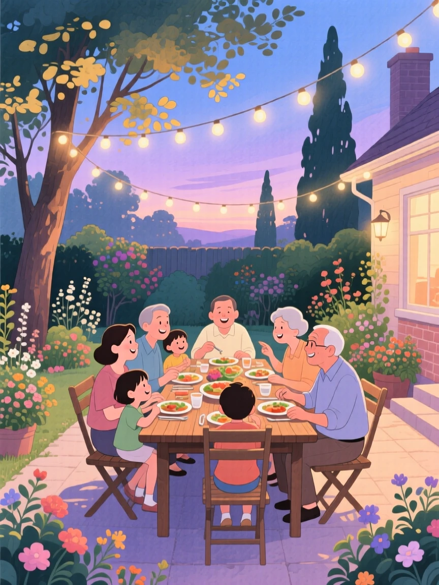 Neighbors sharing a meal at a long outdoor table strung with lights, in a garden courtyard at dusk, with a gentle breeze rustling nearby trees, community, warmth, and togetherness.