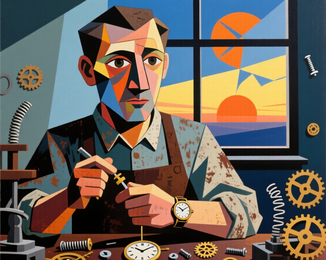 A medium shot portrait of a watchmaker at dawn before the day's work begins, focused and content in the craft.