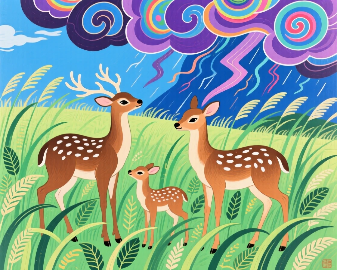 A family of deer with its young in a field of tall grass, during a summer thunderstorm passing in the distance.
