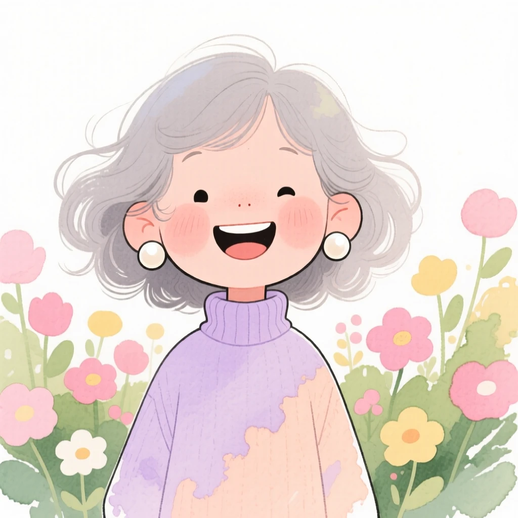 A little girl with soft grey curls, beaming with joy, wearing a soft turtleneck sweater and wearing statement pearl earrings, in front of a blooming garden