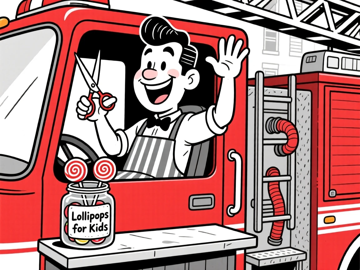 A dapper barber snipping with theatrical flair, waving confidently from the cockpit window, set in front of a bright red fire truck. A jar of lollipops sits on the counter for kids. The scene celebrates the quiet heroism of everyday work.