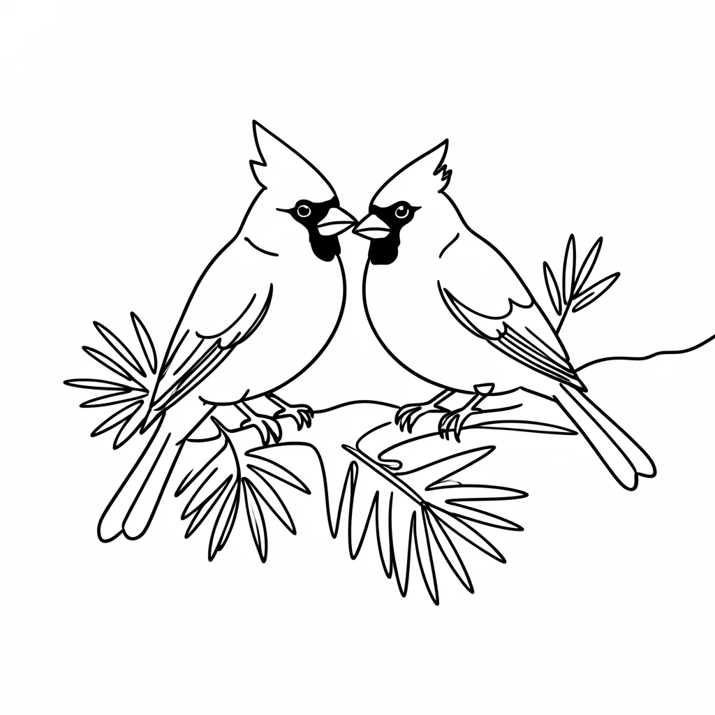 A pair of cardinals perched together on a snowy pine branch
