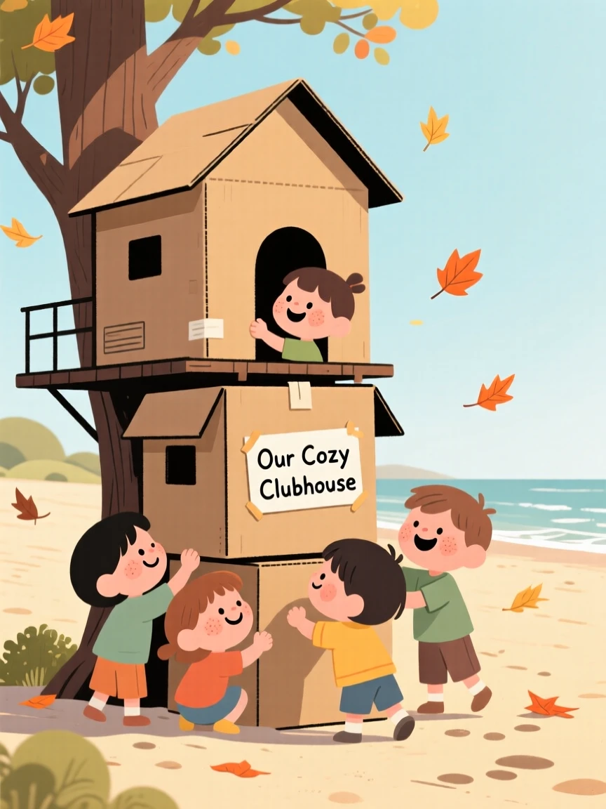 A small group of children build a treehouse out of cardboard boxes in the sunny beach, laughing as the wind sends leaves scattering everywhere.