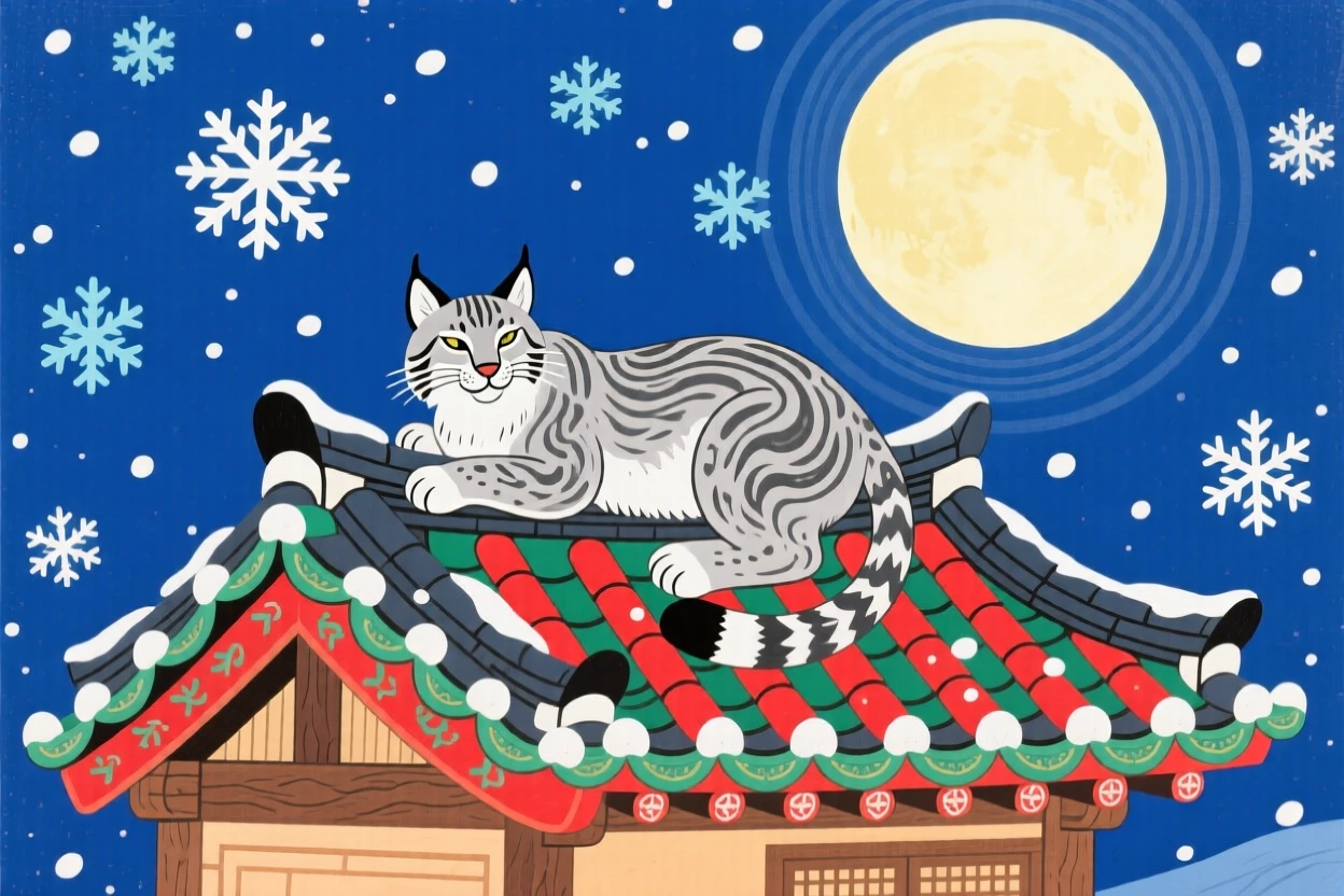 A mountain lynx resting on a moonlit rooftop, as snow begins to fall.