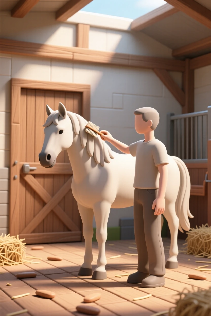 A gentle horse trainer brushes a gentle mare's mane in a sunlit stable, hay scattered across the wooden floor.
