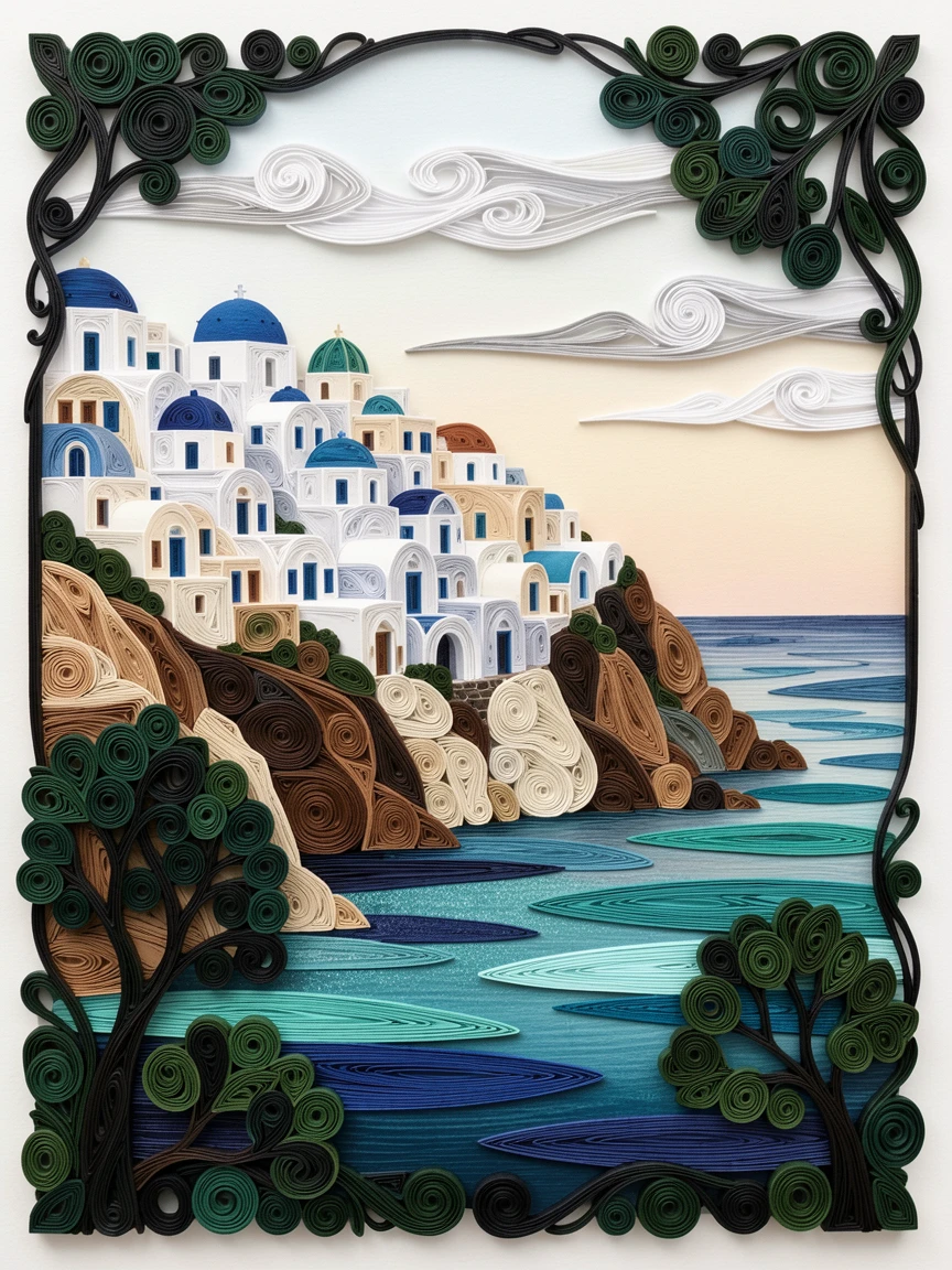 A breathtaking view of Santorini's white and blue buildings cascading down a cliff beside a calm reflective body of water, with delicate clouds streaked across the horizon, framed by silhouetted trees in the foreground.