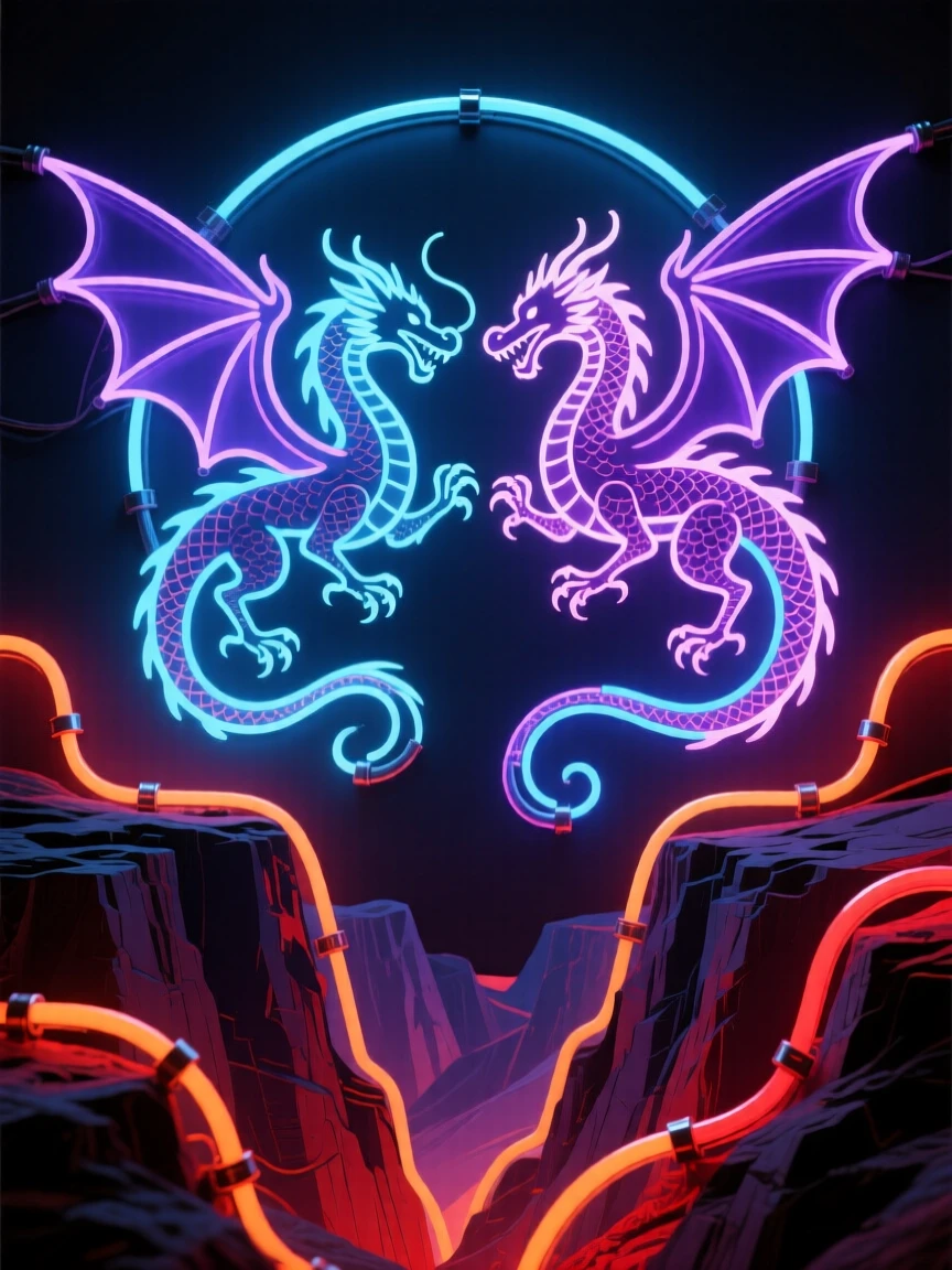 A pair of dragons circling each other above a canyon in a courtship dance.