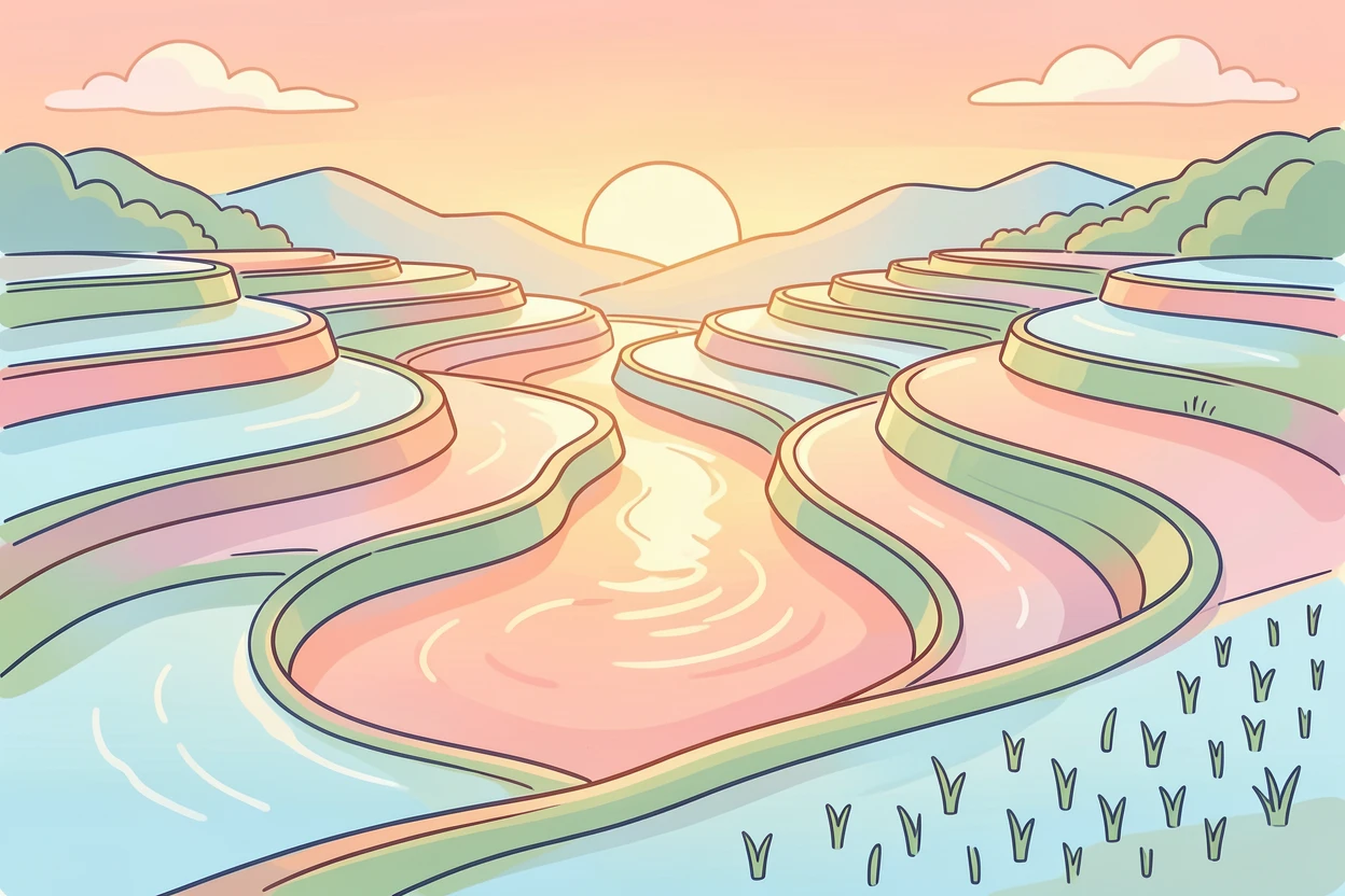 A terraced rice paddy landscape catching the reflection of a rising sun.