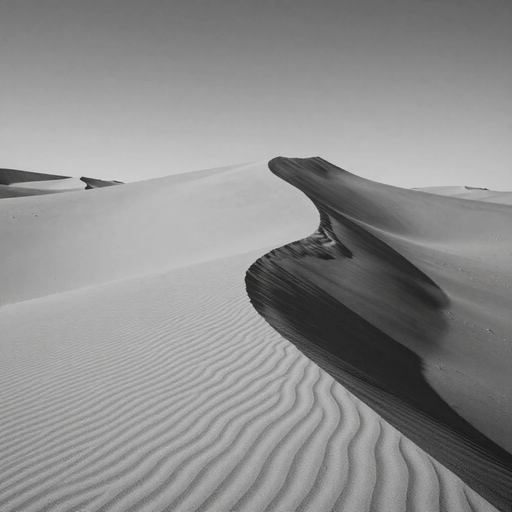 A lone sand dune stretches endlessly under a scorching sun across an endless desert landscape.