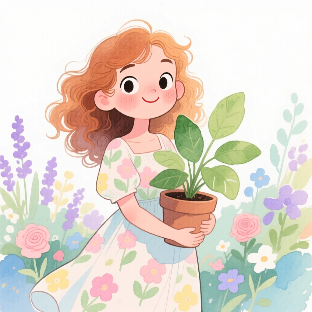 A teenage girl with long curly auburn hair, raising an eyebrow playfully, wearing a flowy floral sundress and clutching a favorite houseplant, in front of a blooming garden