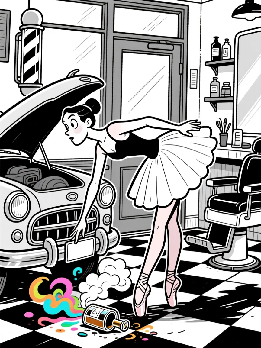 A graceful ballet instructor correcting posture, peering suspiciously under the hood of a car, set in a retro barbershop with a spinning striped pole. Colorful smoke puffs from an overturned flask. The image captures dedication with a wink of playfulness.