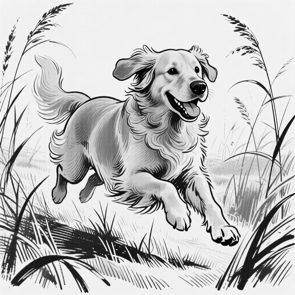 A golden retriever bounding joyfully through a meadow of tall grass.