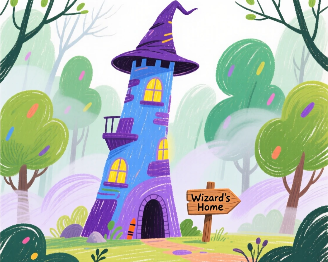 A wizard's tower rising from a misty magical forest.