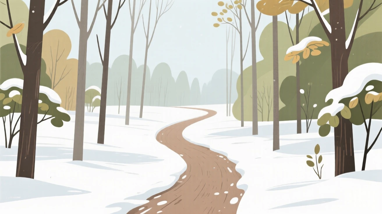 A peaceful summer forest path covered in fresh snow, leading into the distance.