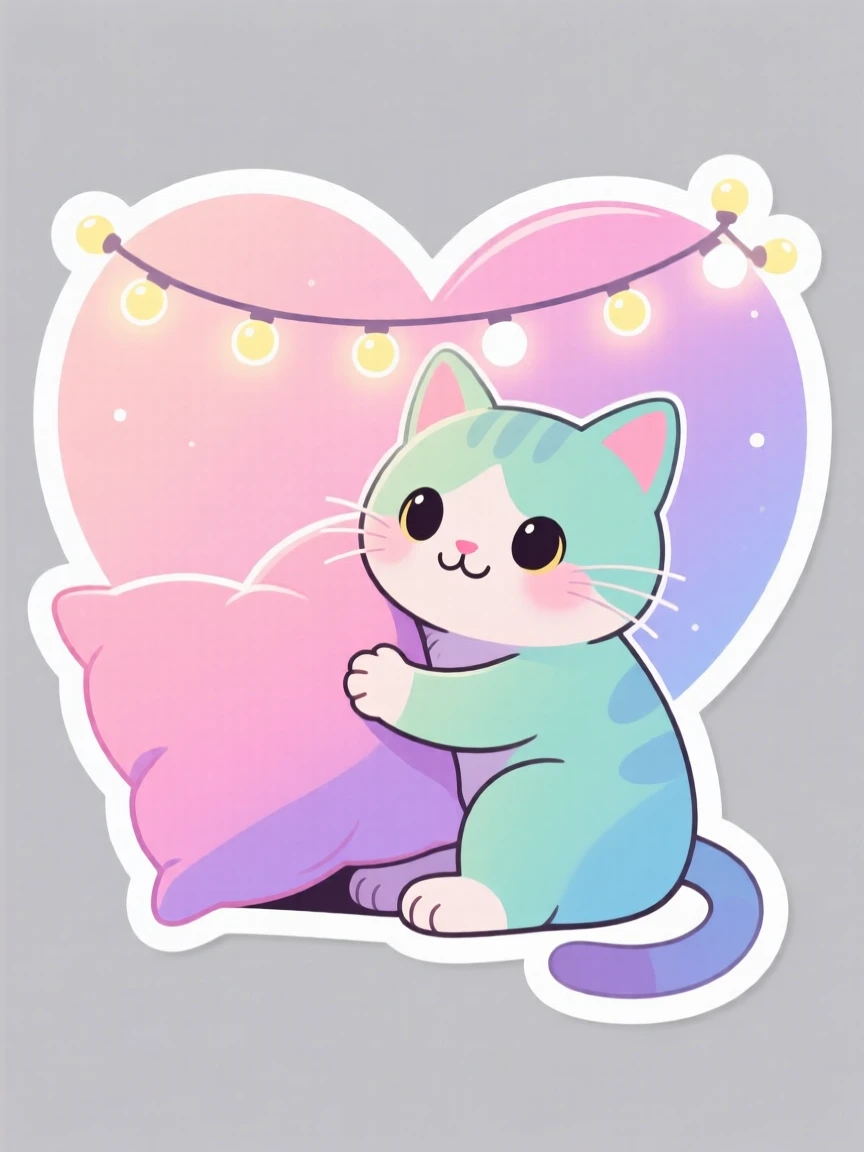 A dreamy pastel-colored kitten hugging a giant heart pillow, under a string of fairy lights.