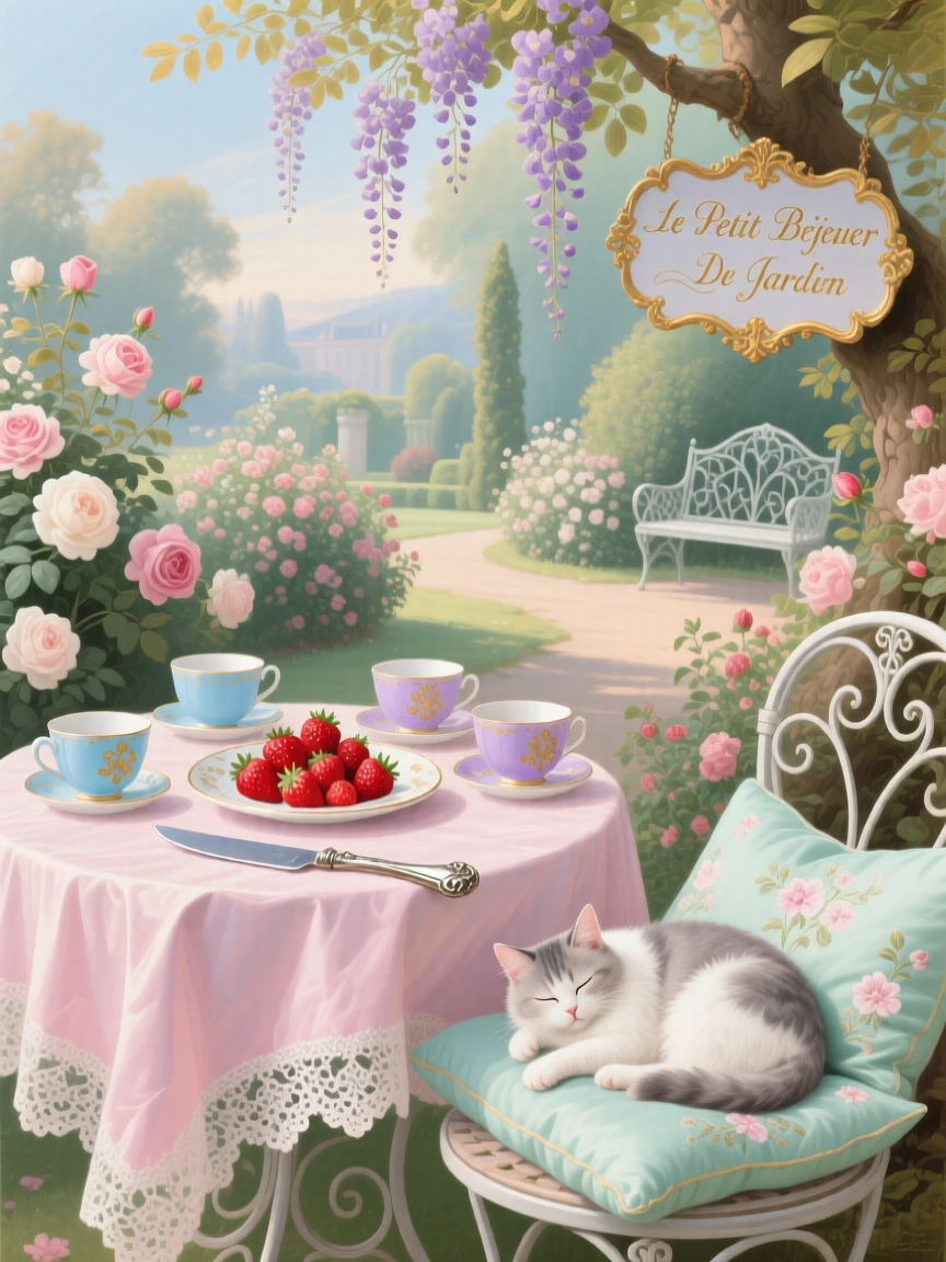 A garden breakfast with strawberries, porcelain cups, and a sleepy cat  