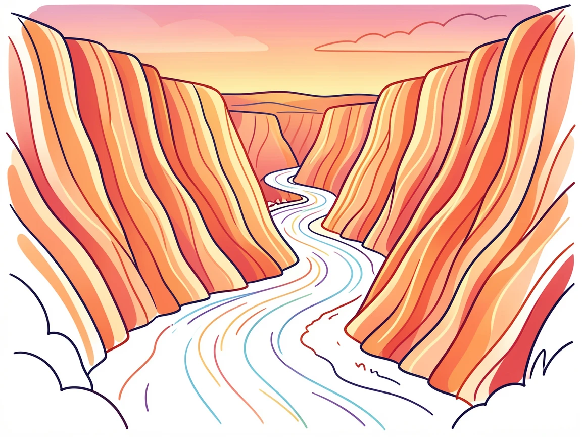 A wide canyon carved by a winding river, striped rock walls glowing orange at dusk.