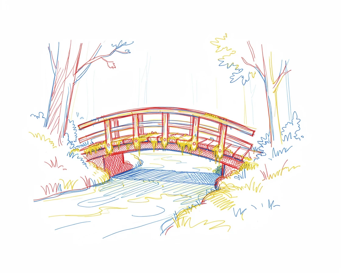 A quiet forest stream crossed by a small wooden footbridge covered in moss