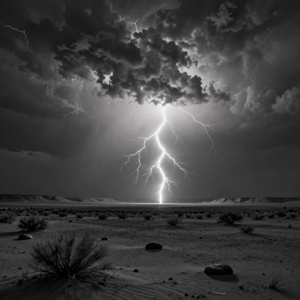A lightning storm flashes violently across a darkened sky over a quiet desert plain.