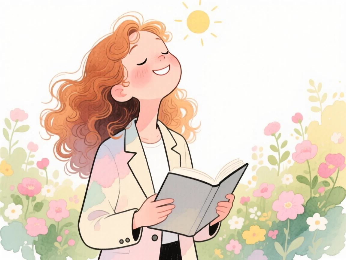 A teenage girl with long curly auburn hair, closing her eyes and tilting her face to the sun, wearing a tailored blazer and holding an open book, in front of a blooming garden