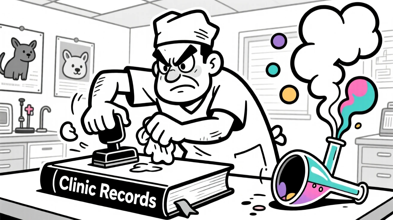 A stern-faced surgeon scrubbing in, stamping a book with dramatic force, set in a bright veterinary clinic. Colorful smoke puffs from an overturned flask. The scene celebrates the quiet heroism of everyday work.