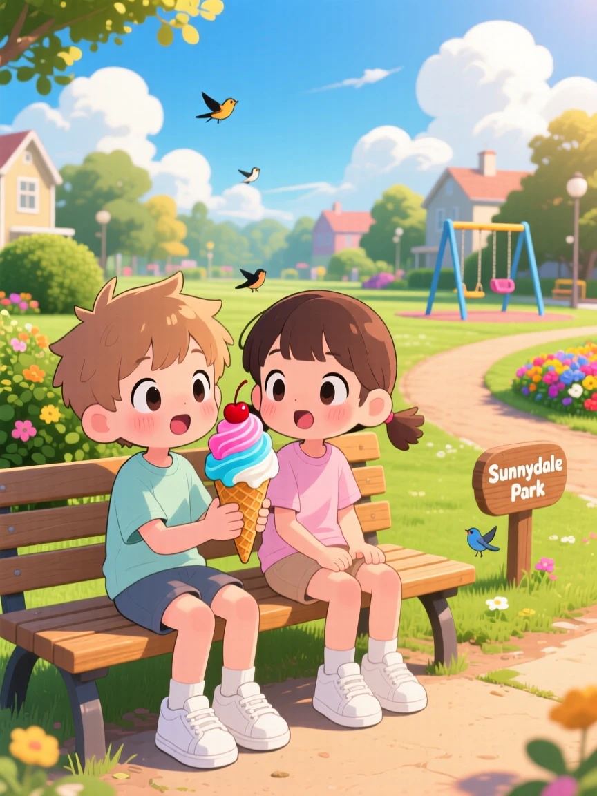 Three-quarter view: twin siblings, sharing an ice cream cone on a park bench, set against a lively neighborhood park beneath fluffy drifting clouds, with soft golden-hour sunlight and a mood of gentle surprise.